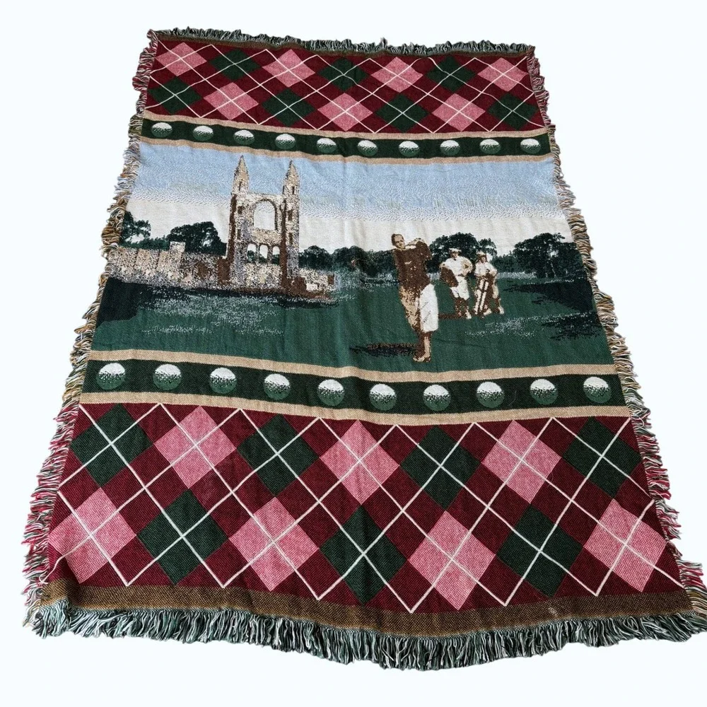 Vintage Golf Woven Cotton Tapestry Throw Blanket Argyle Fringe Made in USA 50x72